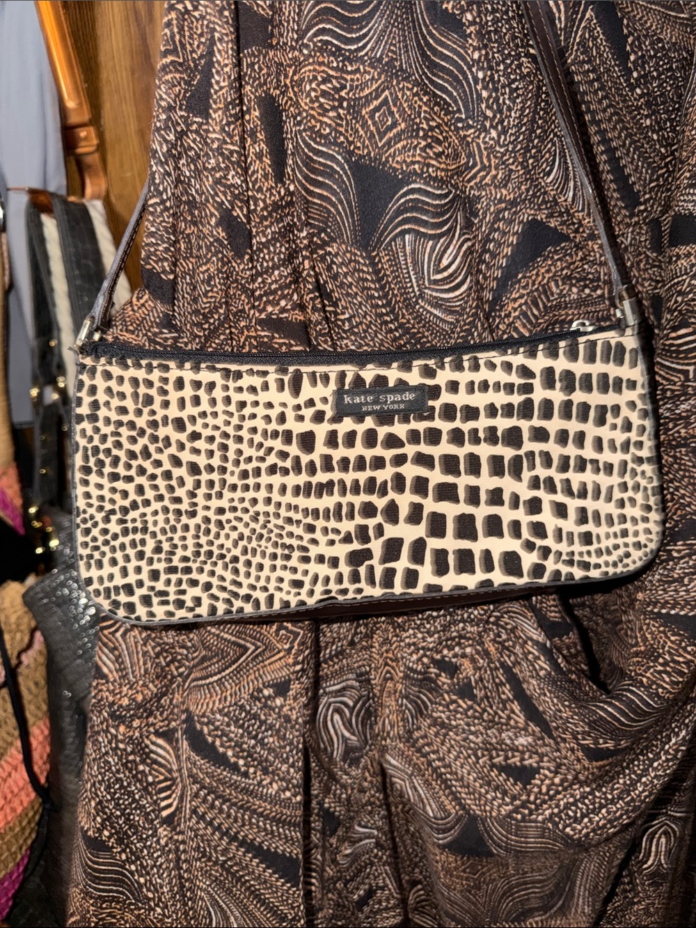 kate spade Black & Cream Croc-Print Mini Shoulder clutch